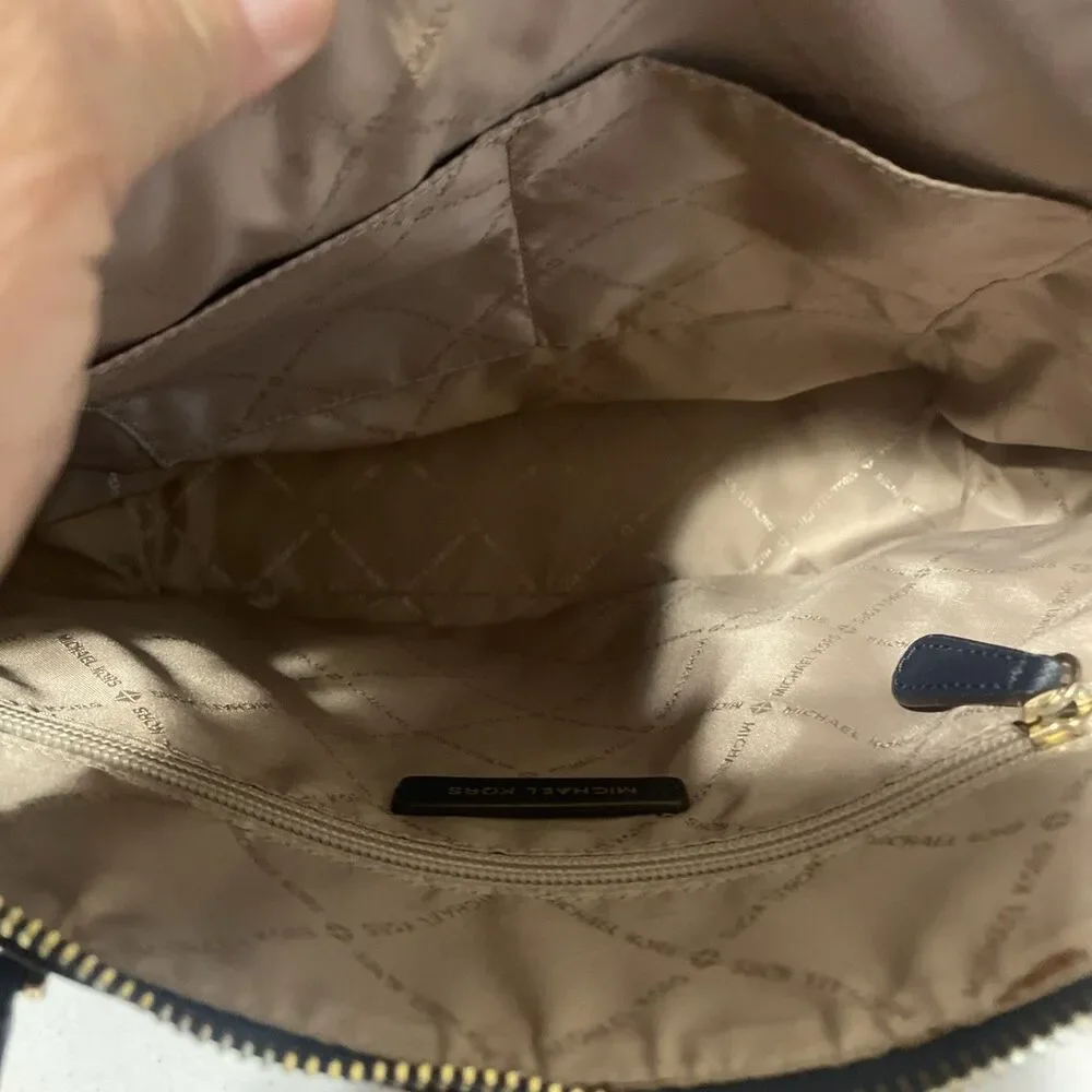 Michael Kors Navy Zip Top Large Tote Bag Gold Hardware Logo Charm Pockets